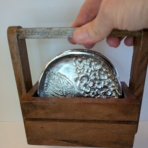 Vtg cast aluminium 4 coasters in a wooden caddy Holder MCM kitchen